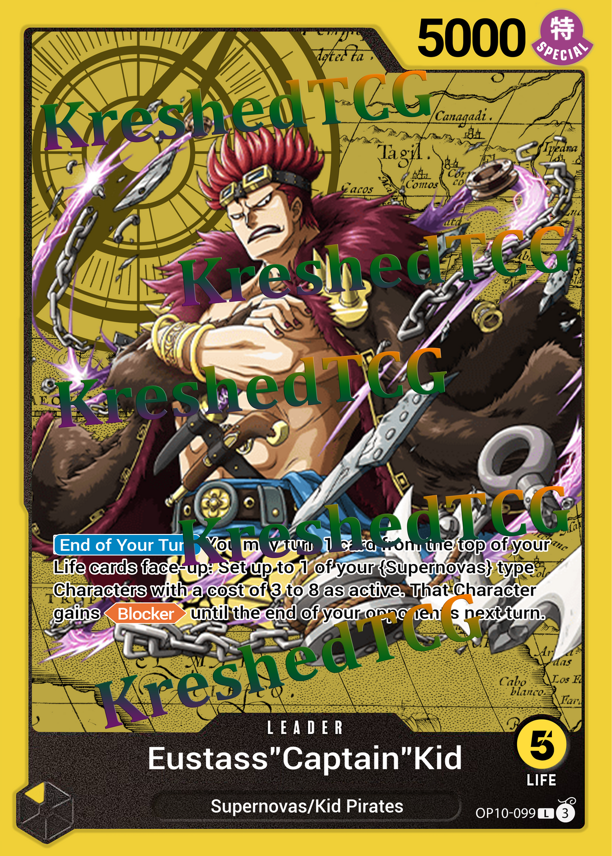 Eustass Captain Kid OP10-099 Leader One Piece Full Art Holo – Anime Custom Card | KreshedTCG