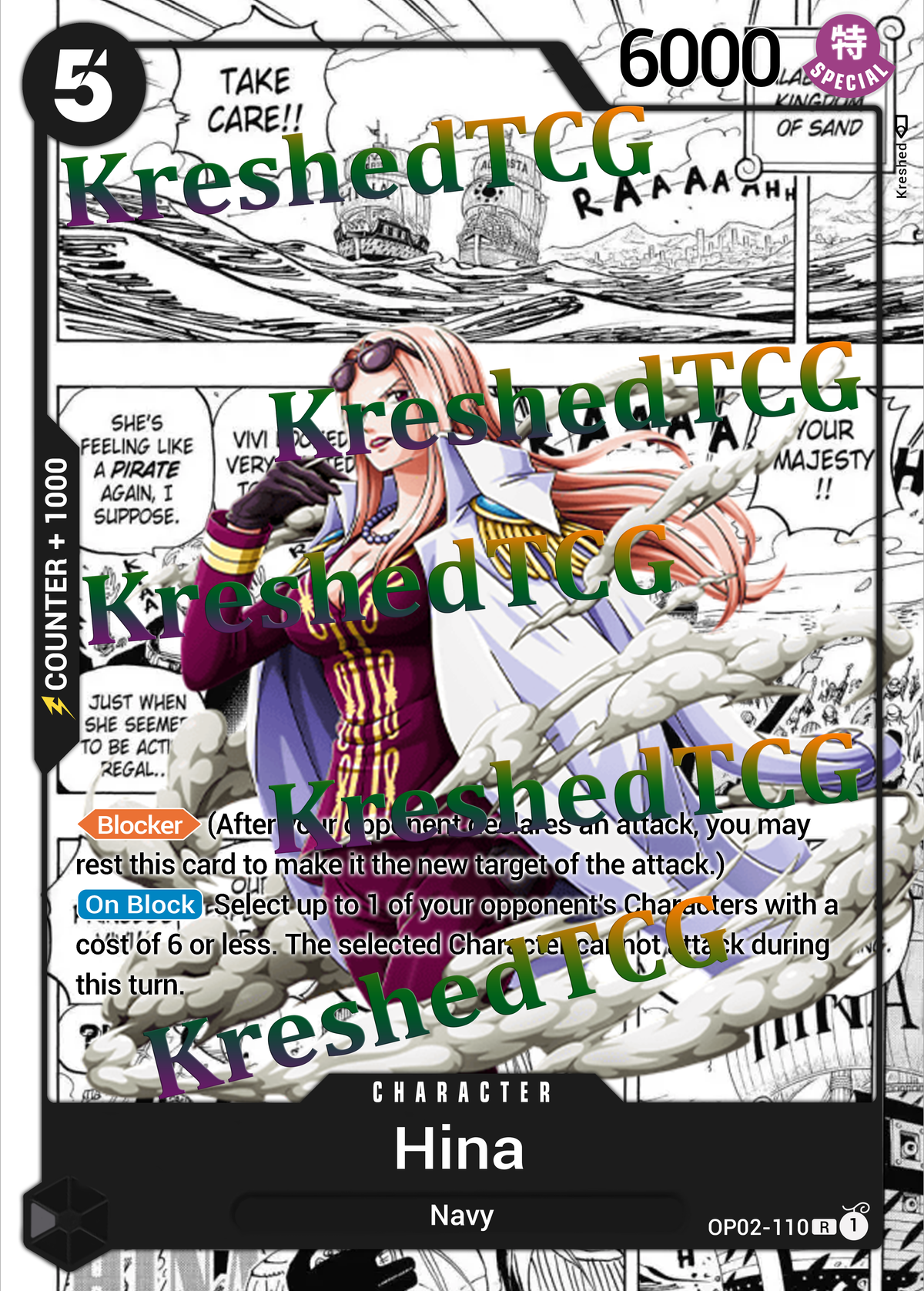 Hina OP02-110 Manga Rare One Piece Full Art Holo – Anime Custom Card | KreshedTCG