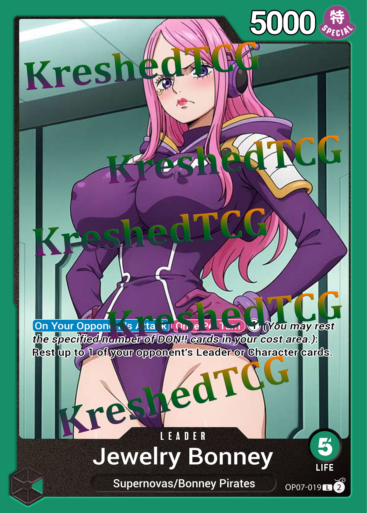 Jewelry Bonney OP07-019 Leader One Piece Full Art Holo – Anime Custom Card | KreshedTCG